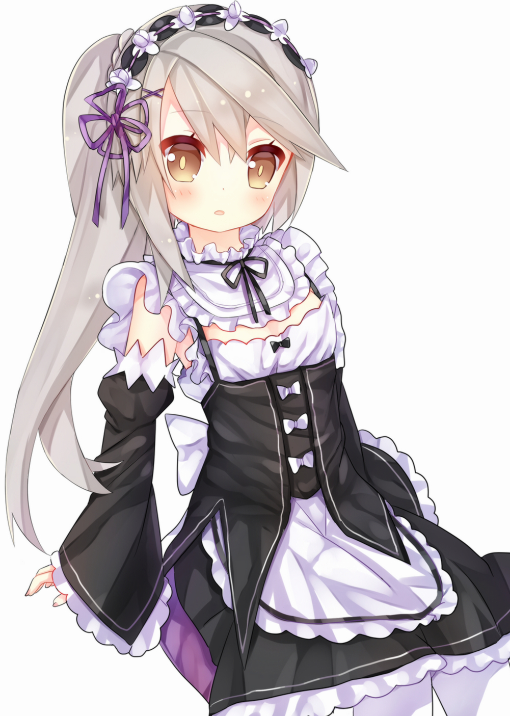 1girl, :o, apron, arms_at_sides, bare_shoulders, blonde_hair, blush, bow