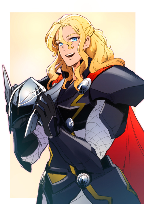 1boy, armor, blonde_hair, blue_eyes, disk_wars:_avengers, holding_helmet, male_focus, marvel