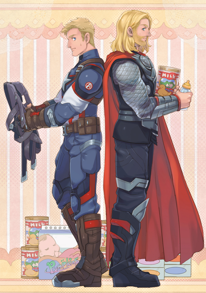 2boys, avengers, baby_bottle, blonde_hair, blue_eyes, bottle, cape, captain_america