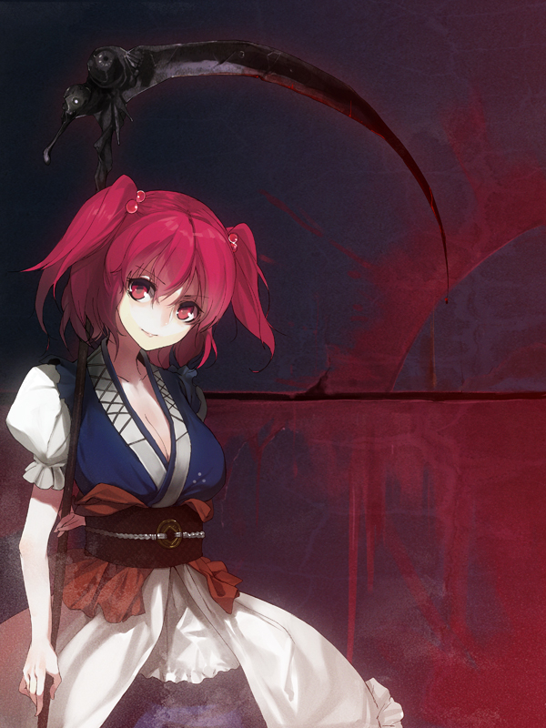 alternate_weapon, bad_id, blood, breasts, cleavage, hair_bobbles, hair_ornament, onomaru