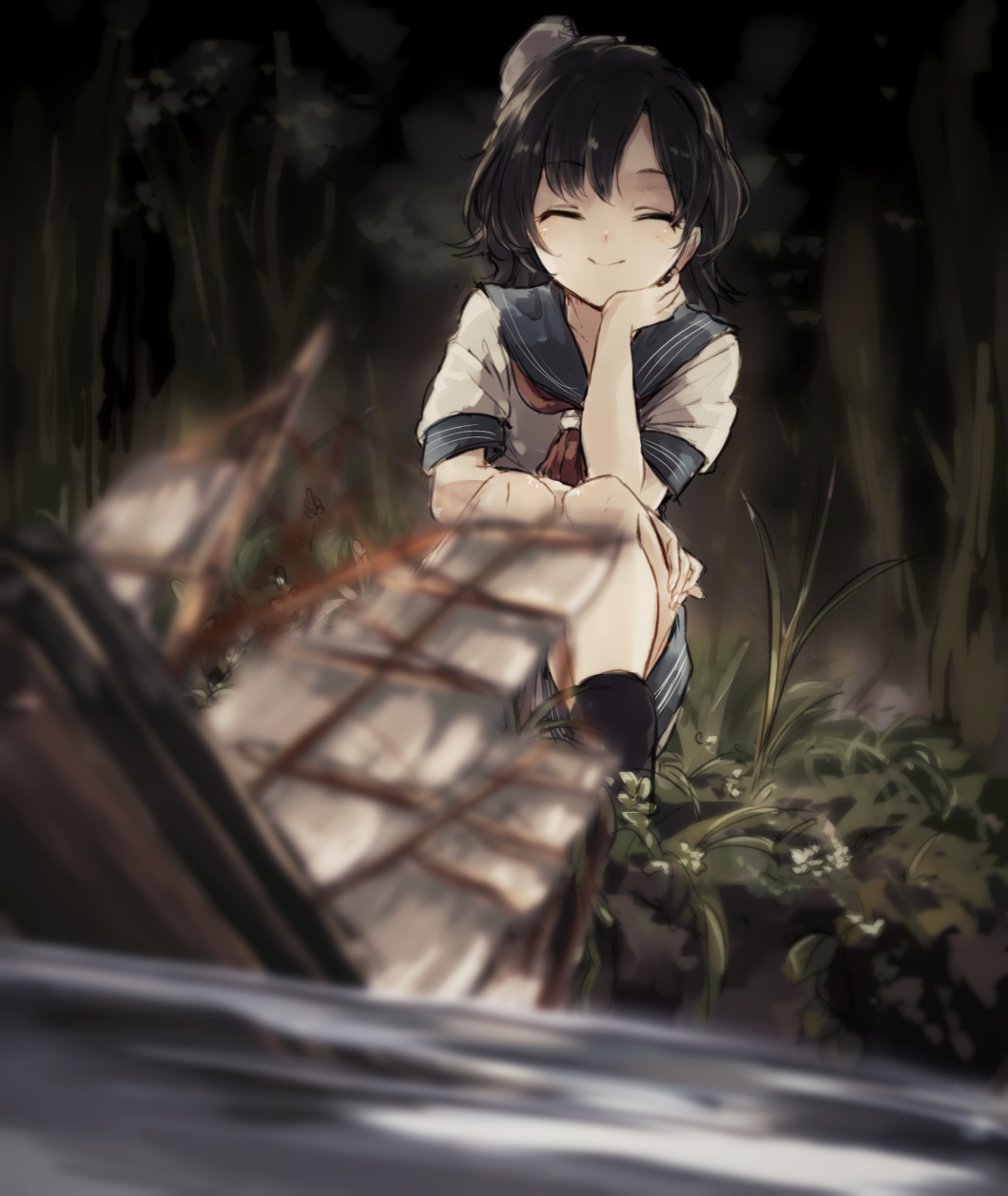 1girl, arm_support, bangs, black_hair, black_legwear, blurry, closed_eyes, depth_of_field