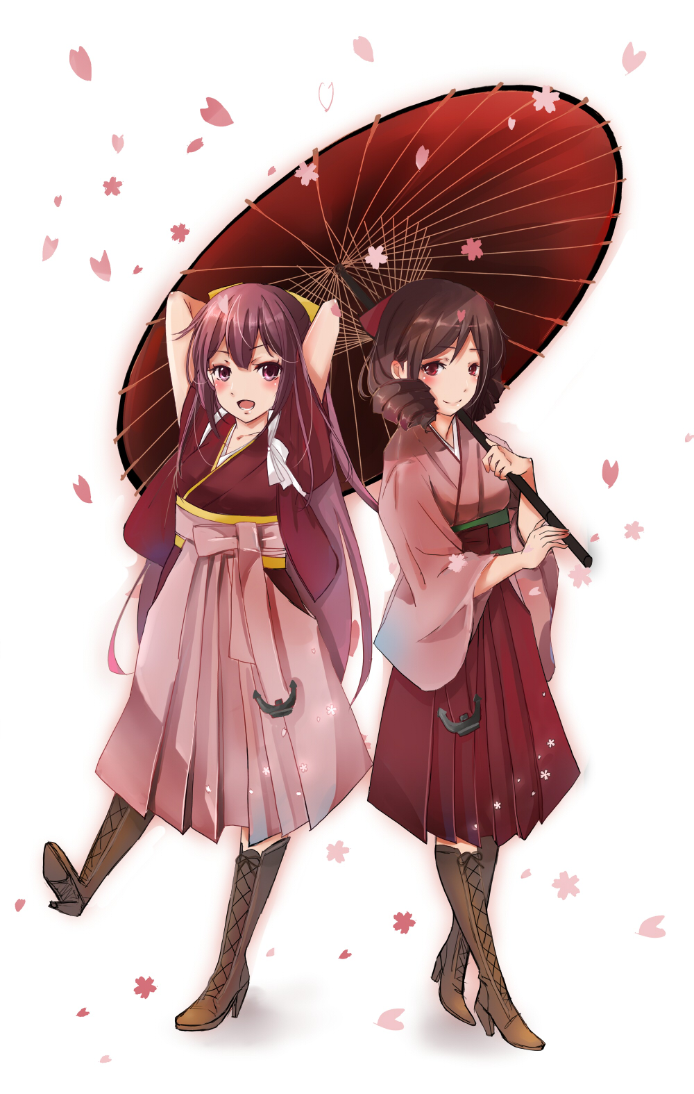 2girls, boots, brown_eyes, brown_hair, drill_hair, hakama, harukaze_(kantai_collection), highres