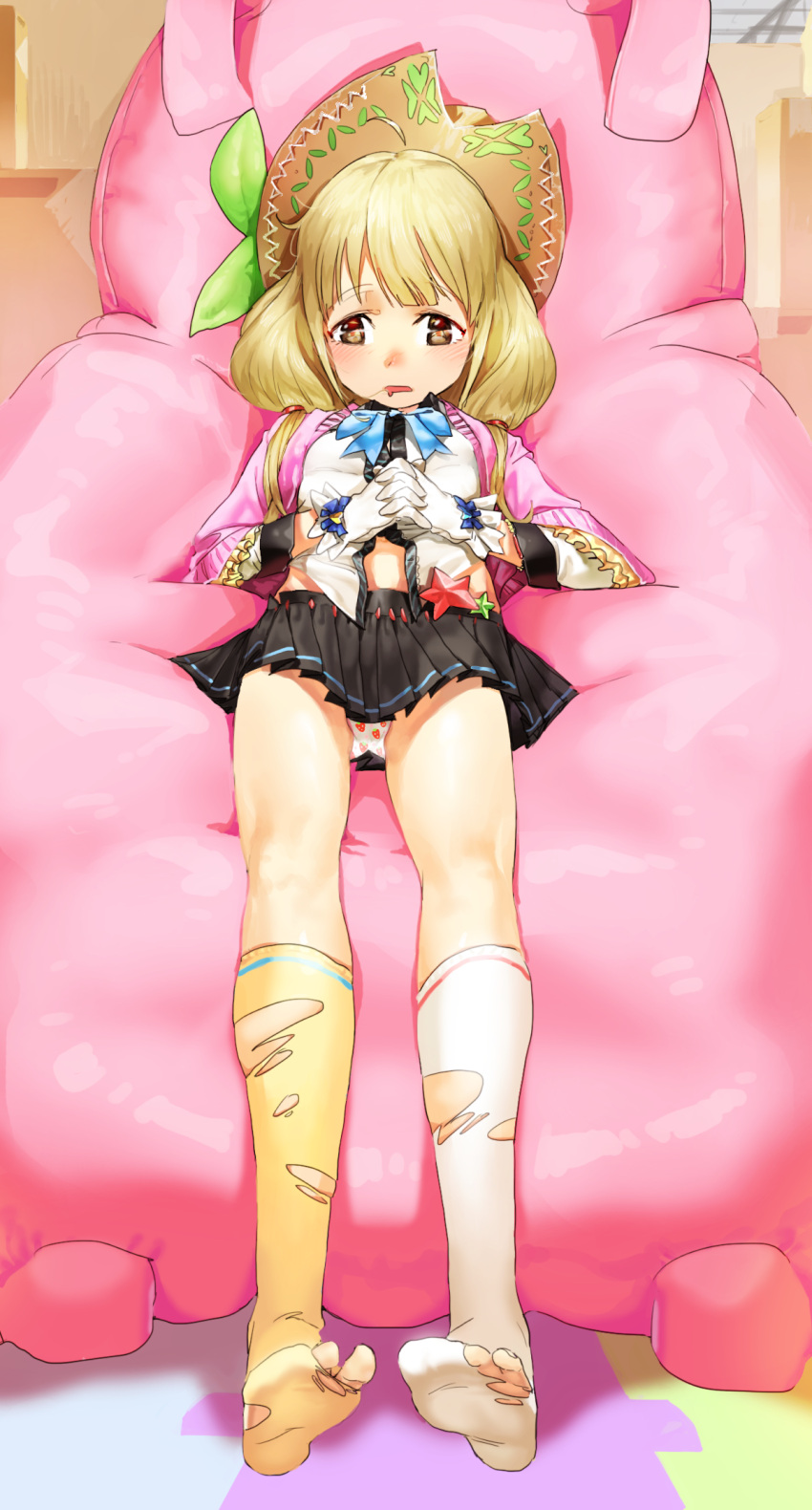 1girl, blonde_hair, blush, drooling, futaba_anzu, gloves, hat, highres, ian3314, idolmaster, idolmaster_cinderella_girls, low_twintails, lying, navel, on_back, open_mouth, panties, pantyshot, pantyshot_(lying), print_panties, saliva, shorts, socks, strawberry_panties, strawberry_print, stuffed_animal, stuffed_bunny, stuffed_toy, toes, torn_socks, twintails, underwear, upskirt
