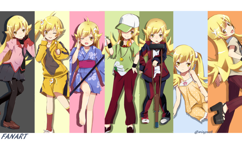 6+girls, araragi_karen, araragi_karen_(cosplay), araragi_tsukihi, araragi_tsukihi_(cosplay), bakemonogatari, blonde_hair, cosplay, crowbar, crutch, fang, fooring, gaen_izuko, gaen_izuko_(cosplay), hanamonogatari, hat, headphones, hood, hooded_jacket, jacket, japanese_clothes, kagenui_yozuru, kagenui_yozuru_(cosplay), kimono, long_hair, monogatari_(series), multiple_girls, nisemonogatari, numachi_rouka, numachi_rouka_(cosplay), oikura_sodachi, oikura_sodachi_(cosplay), oshino_ougi, oshino_ougi_(cosplay), oshino_shinobu, owarimonogatari, pantyhose, school_uniform, sleepwear, sleeves_past_wrists, track_suit, twintails, yellow_eyes
