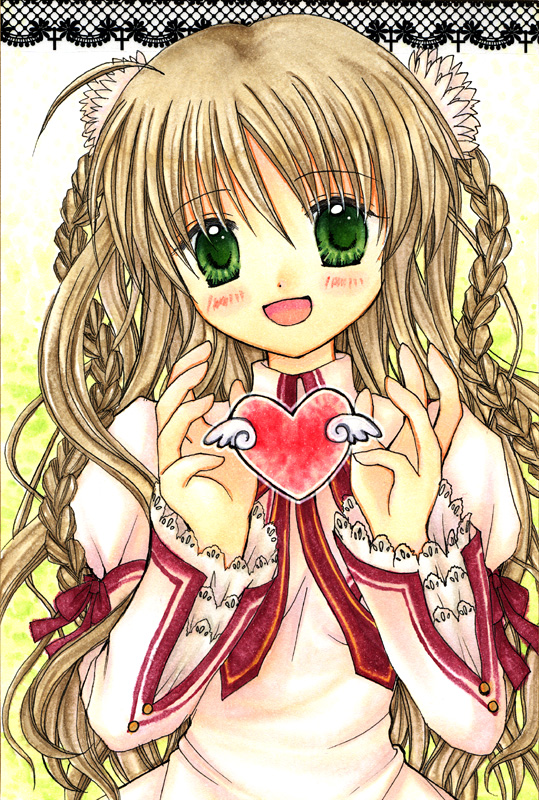 :d, blonde_hair, blush, bow, braid, child, frills, green_eyes