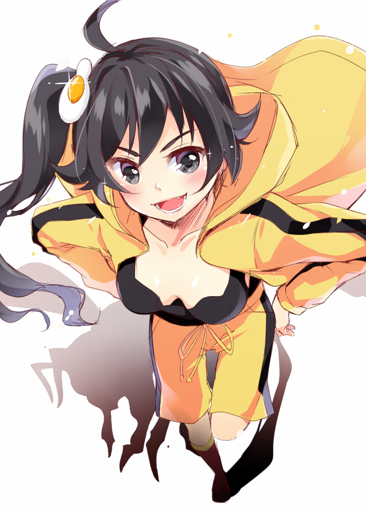 1girl, araragi_karen, bakemonogatari, black_eyes, black_hair, breasts, chemise, cleavage