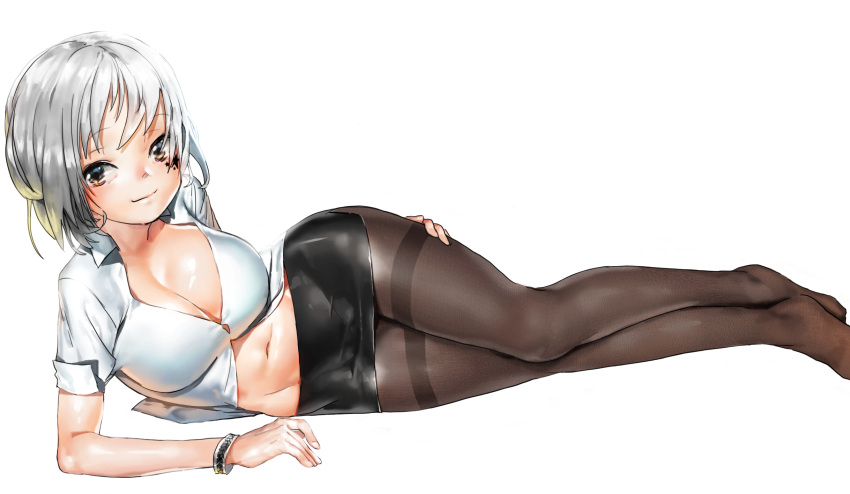 1girl, arm_support, black_legwear, bracelet, breasts, brown_eyes, cleavage, facial_tattoo