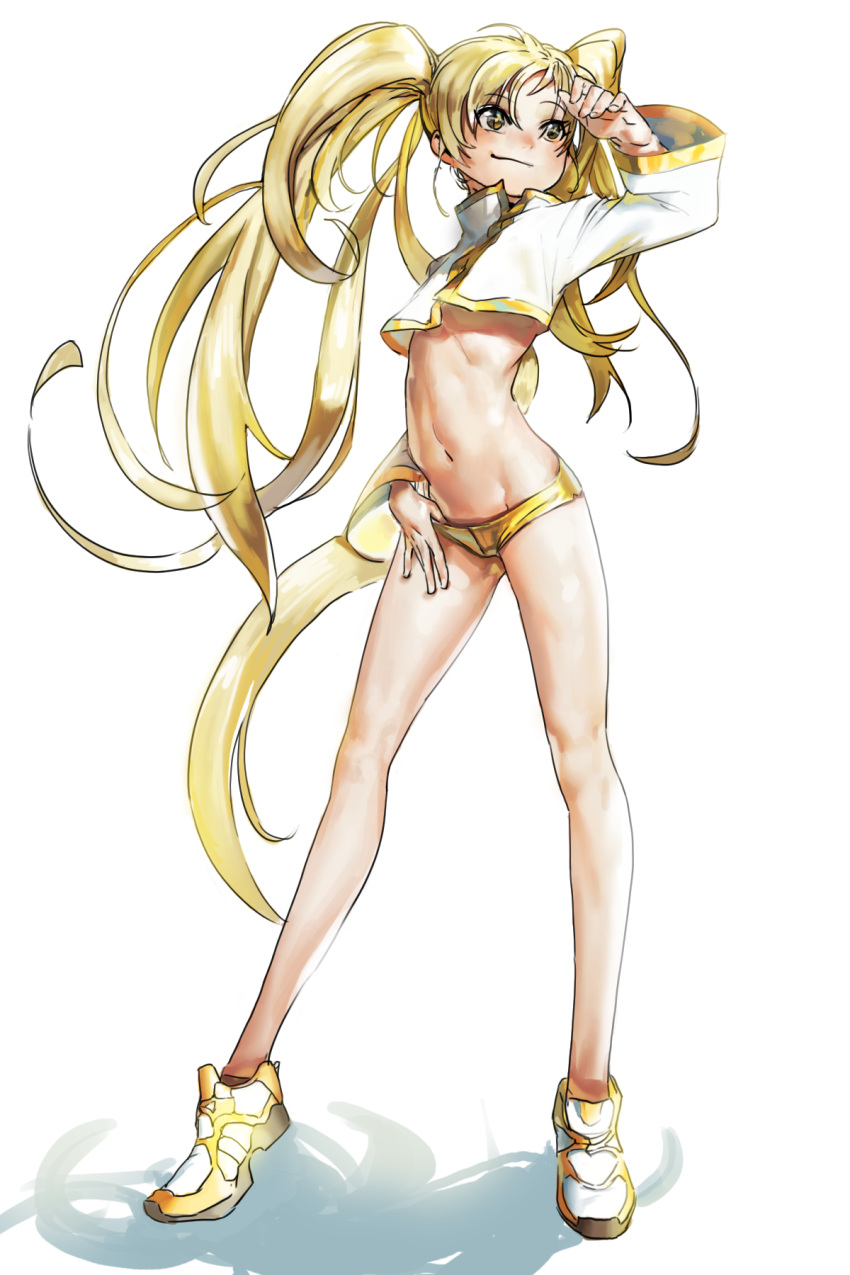 1girl, arm_up, blonde_hair, blush, crop_top, crop_top_overhang, flat_chest, hand_in_shorts