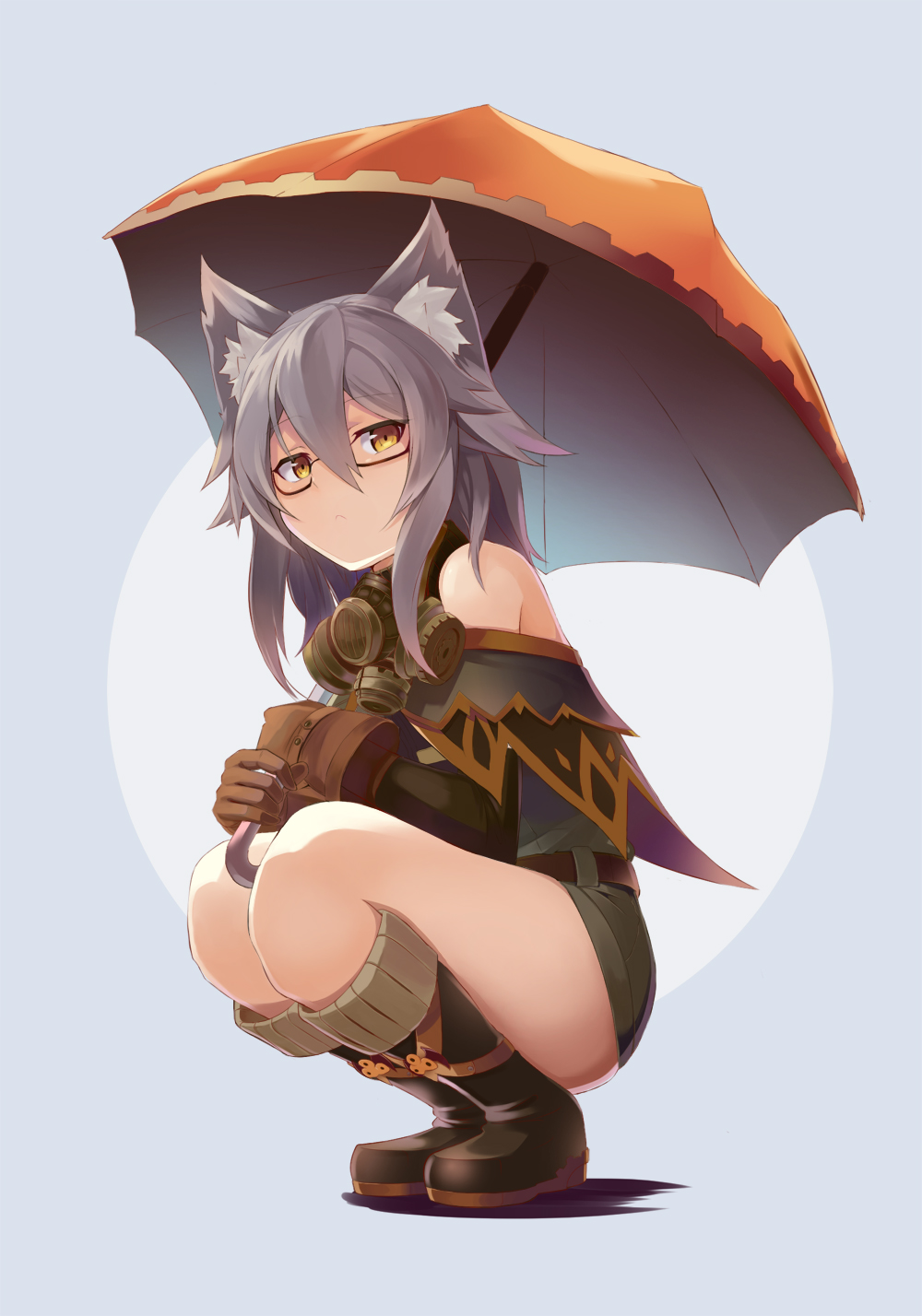 1girl, :<, animal_ears, bare_shoulders, belt, black-framed_glasses, boots, brown_boots