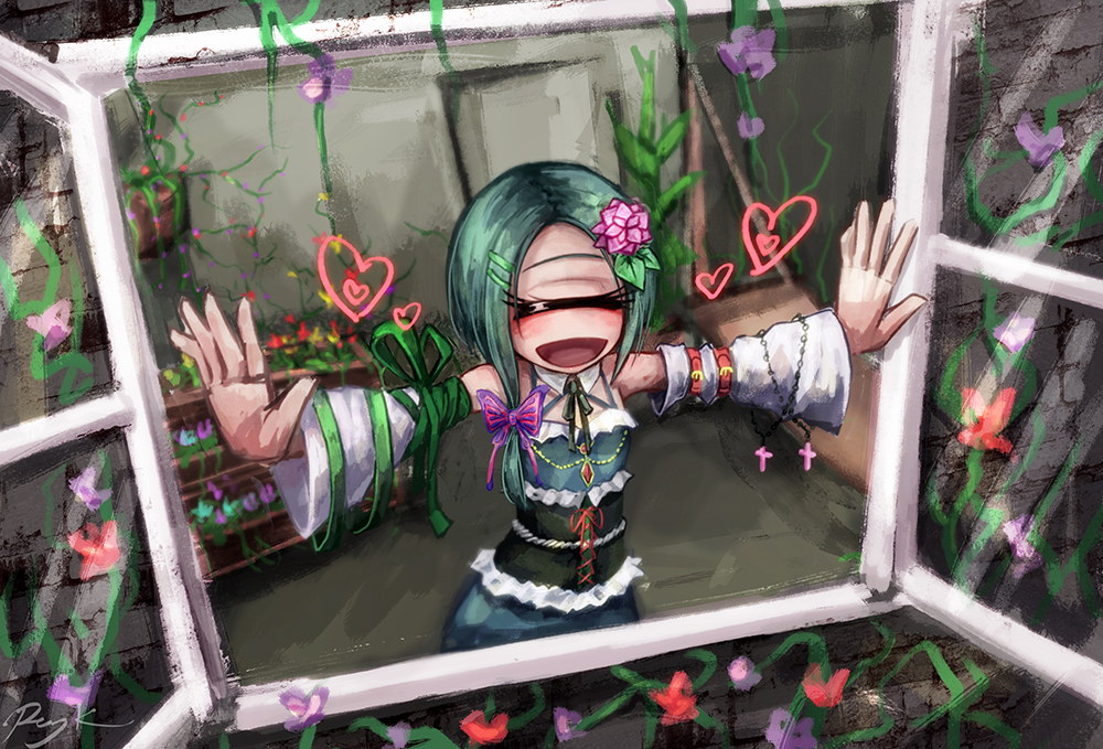 1girl, :d, closed_eyes, corset, cross, cyclops, detached_sleeves, flower