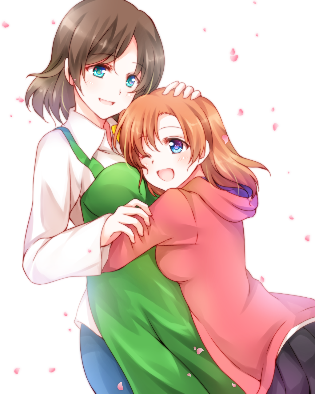 2girls, adult, apron, ascii_media_works, blue_eyes, brown_hair, bushiroad, cute
