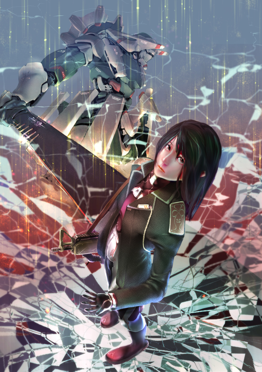 1girl, assault_rifle, baiomeisai, black_gloves, black_hair, blurry, boots, brown_eyes, cracked_floor, from_above, gloves, gun, highres, jacket, looking_at_viewer, mecha, open_hand, original, red_boots, rifle, sword, weapon