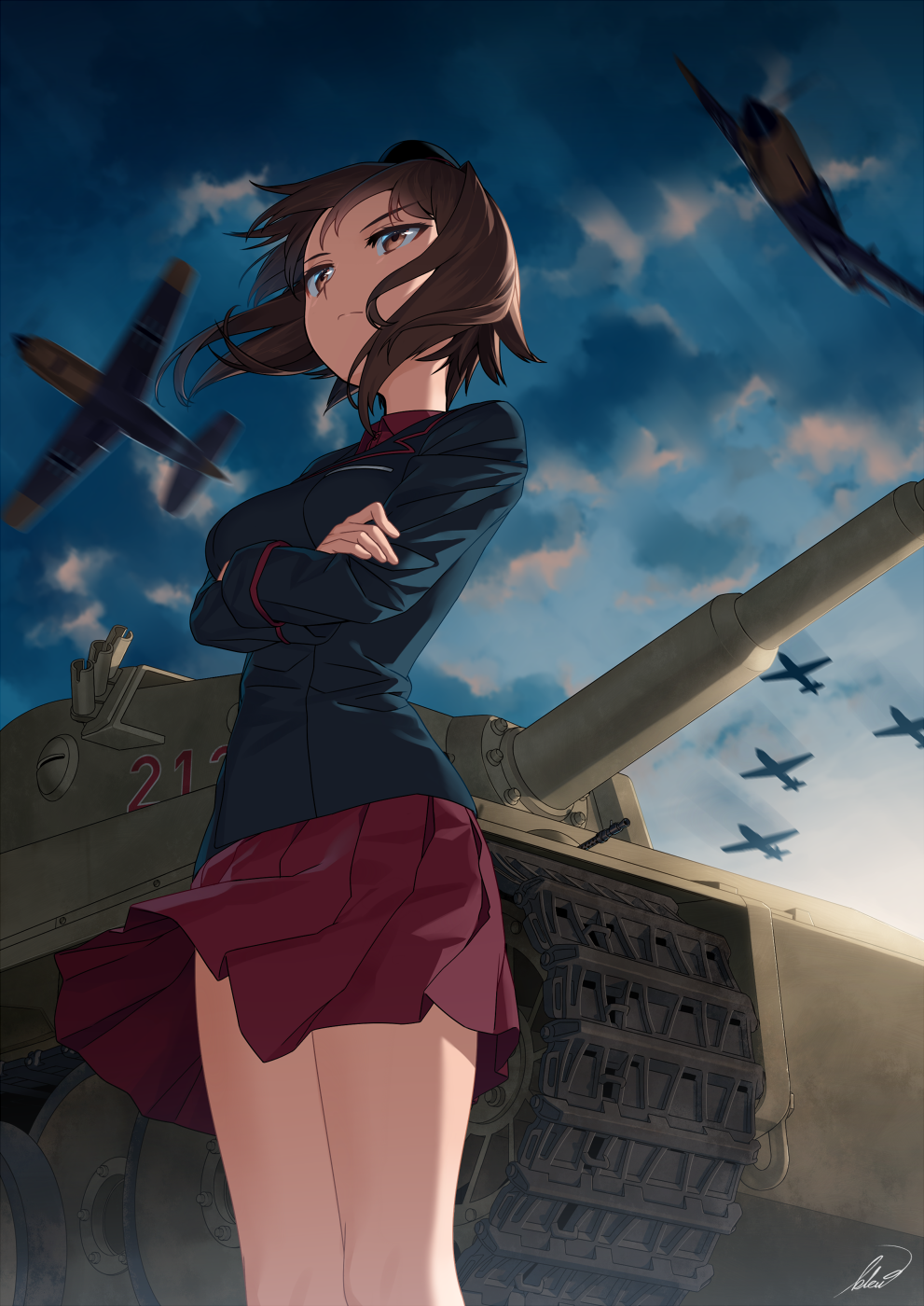 1girl, airplane, backlighting, bangs, black_hat, black_jacket, black_skirt, blew_andwhite