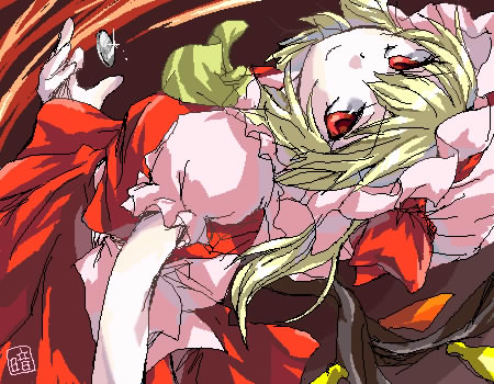 1girl, blonde_hair, coin, dress, flandre_scarlet, from_above, from_side, hat