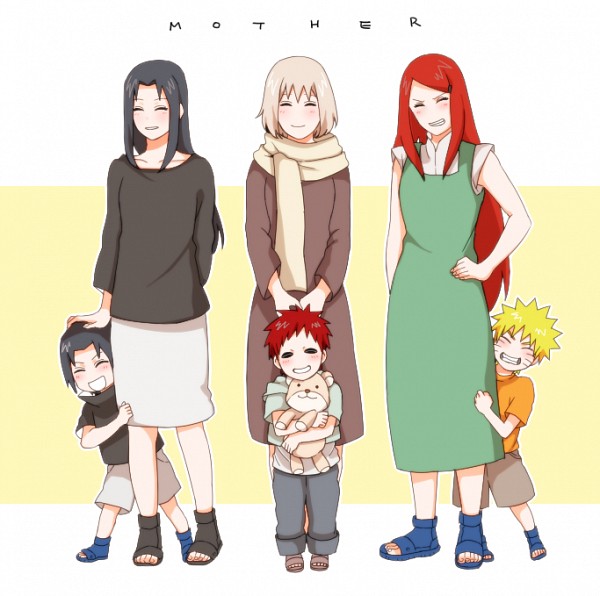 3boys, 3girls, apron, black_hair, blonde_hair, blush, closed_eyes, family