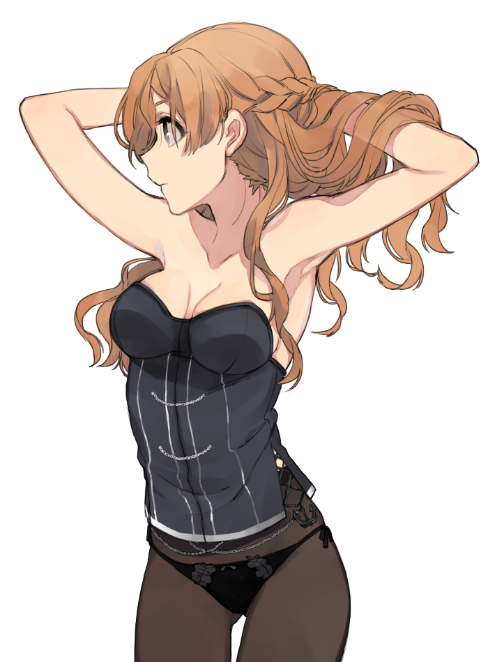 1girl, adjusting_hair, anchor, armpits, arms_up, bare_shoulders, black_legwear, black_panties