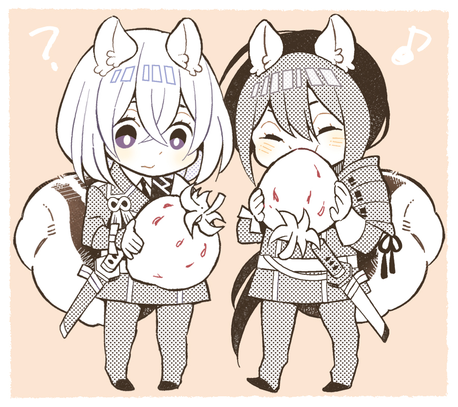 2boys, ?, animal_ears, armor, chibi, closed_eyes, food, fruit