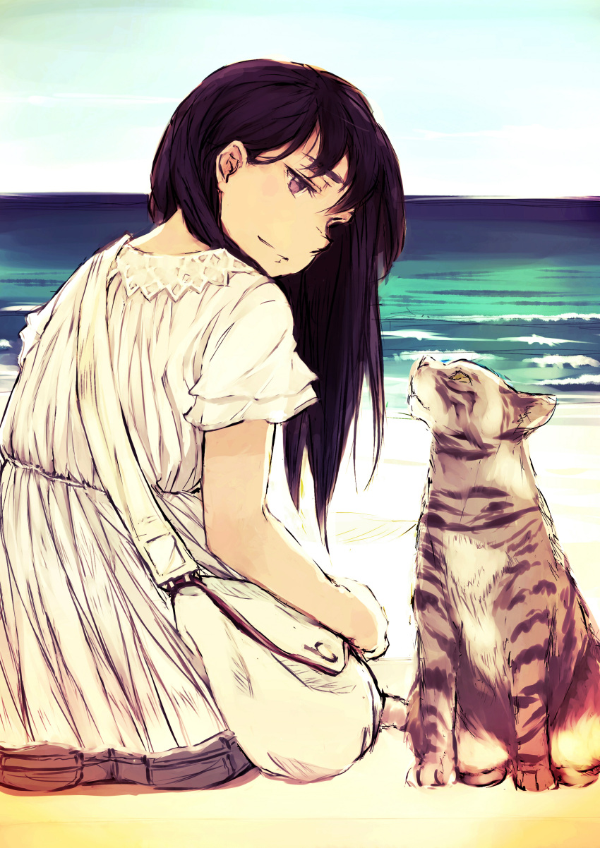 1girl, absurdres, bag, beach, black_hair, casual, cat, dress
