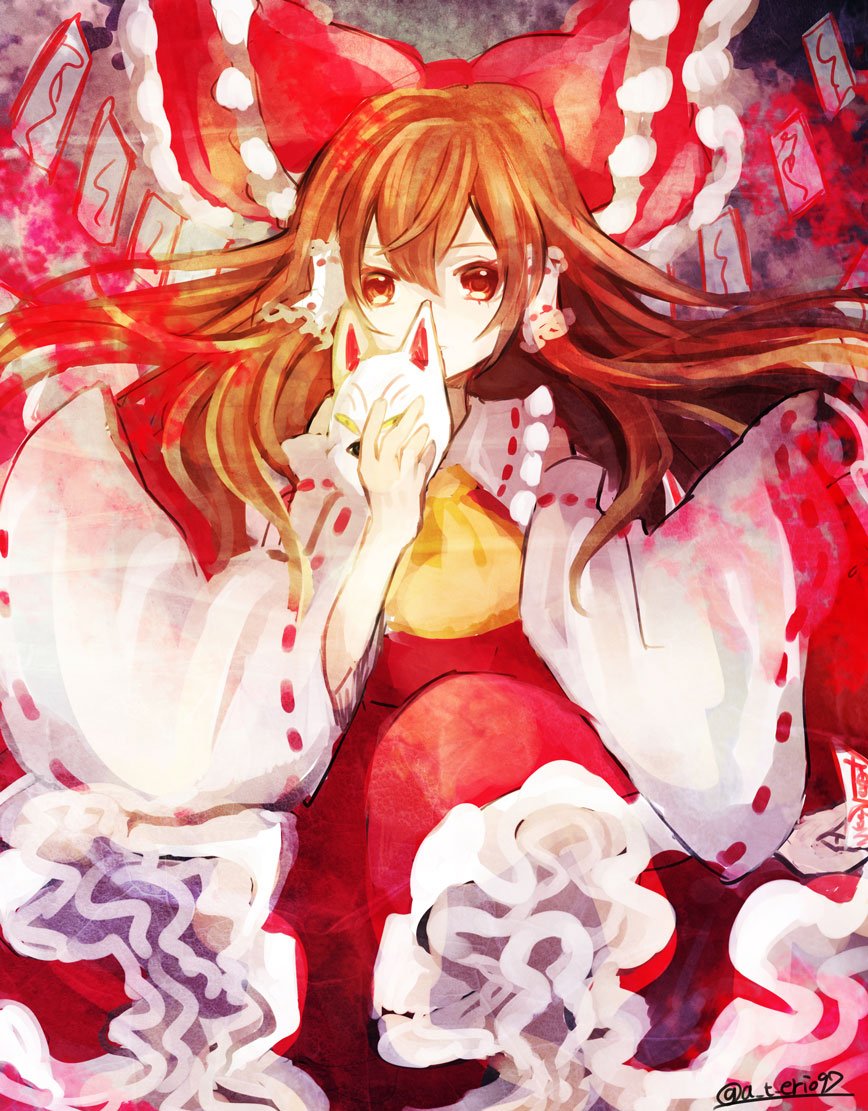 1girl, ascot, bow, brown_hair, collar, detached_sleeves, fox_mask, frilled_collar, frilled_skirt, frills, hair_bow, hair_tubes, hakurei_reimu, hat, long_hair, mask, ofuda, sayuki_momone, skirt, skirt_set, solo, touhou, wide_sleeves