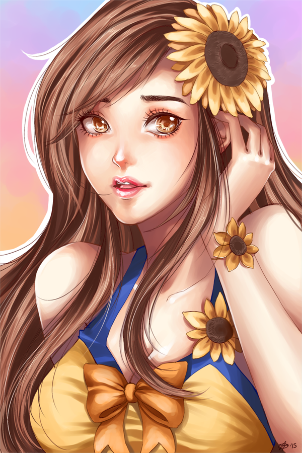 bare_shoulders, bow, brown_eyes, brown_hair, flower, hair_ornament, joyo, league_of_legends