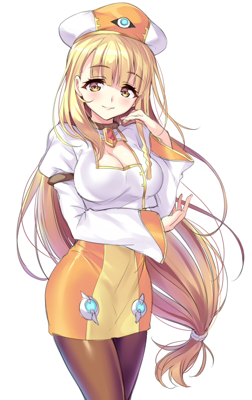 1girl, armlet, blonde_hair, braid, breasts, brooch, brown_legwear, cleavage