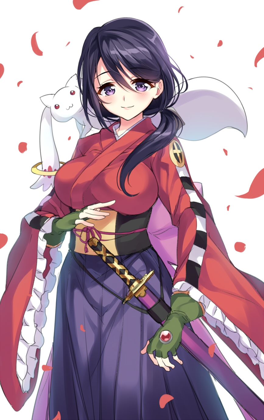 1girl, animal, animal_on_shoulder, black_hair, blush, boots, breasts, brooch