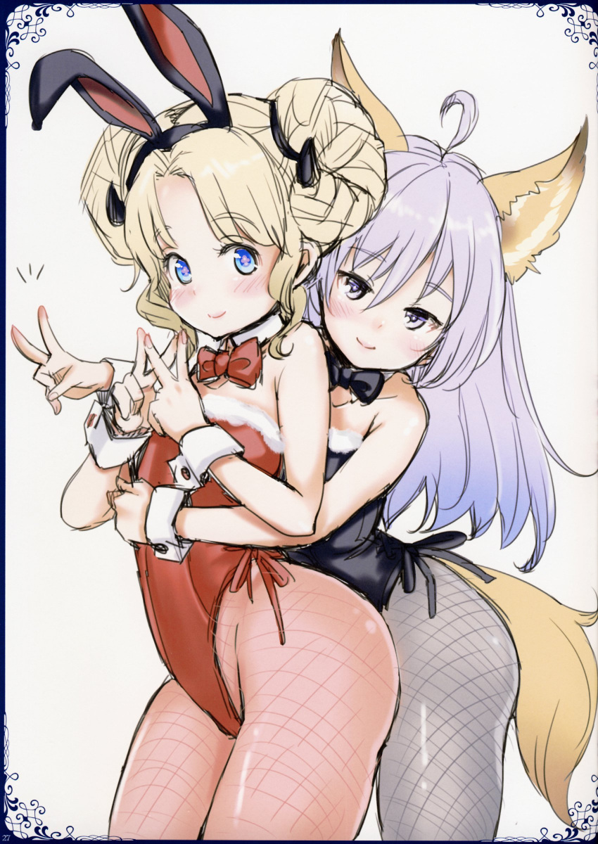 +_+, 2girls, absurdres, ahoge, animal_ears, bare_shoulders, black_legwear, blonde_hair