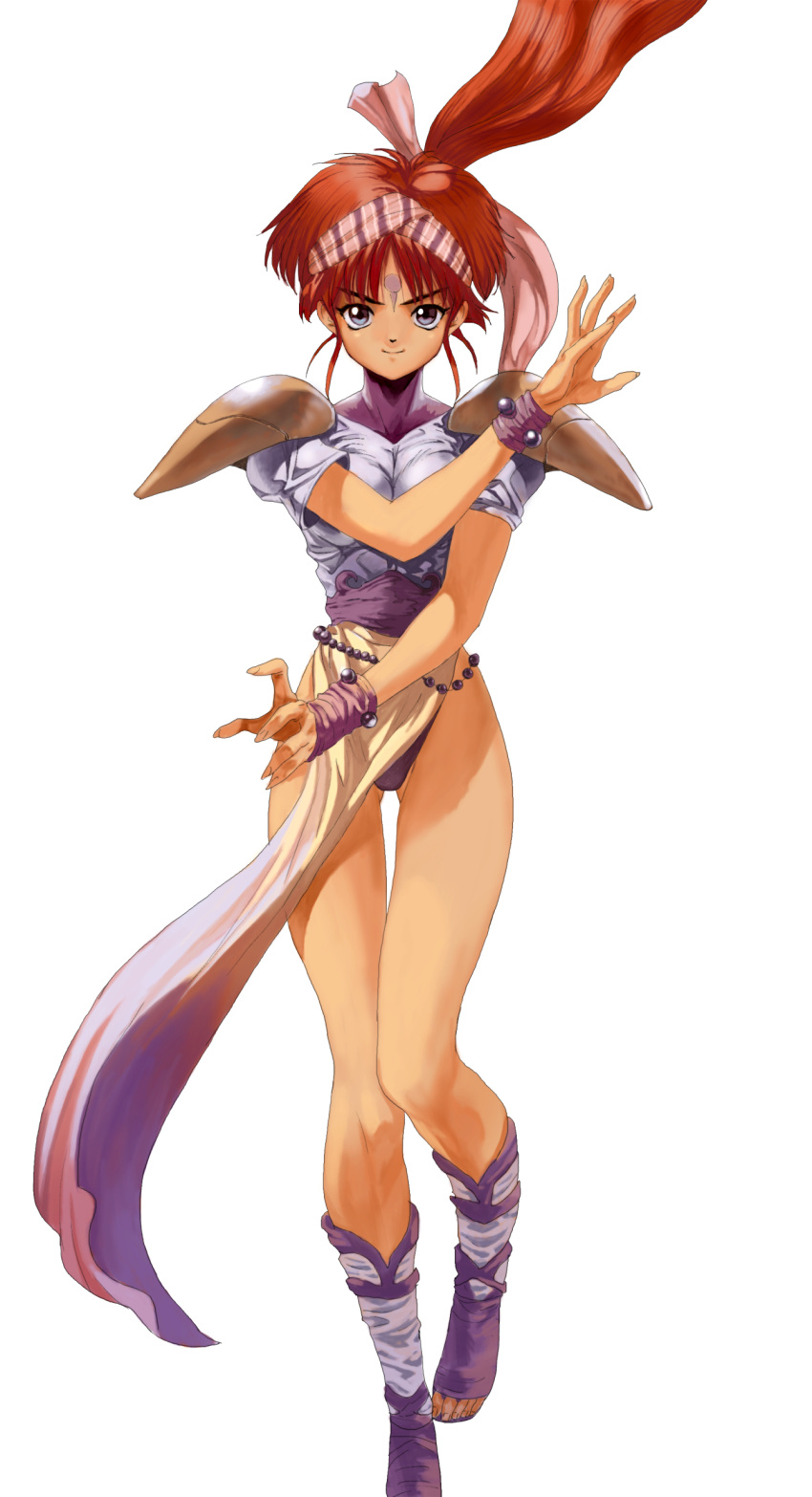 1girl, absurdres, alisia_dragoon, alisia_dragoon_(character), blue_eyes, brown_hair, facial_mark, forehead_mark, headband, highres, legs, loincloth, long_hair, oggy_(oggyoggy), panties, pauldrons, ponytail, sandals, shirt, smile, solo, standing_on_one_leg, thigh_gap, underwear, white_background, wristband