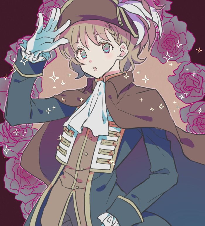 1boy, :0, alternate_costume, blue_eyes, blush, braid, cape, flower