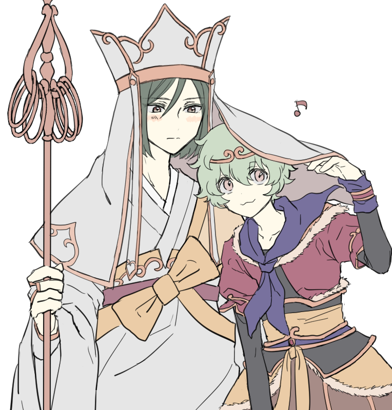 2boys, :3, blush, brown_eyes, circlet, green_eyes, green_hair, idolmaster