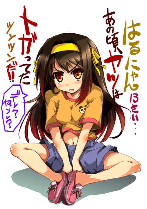 brown_hair, hairband, kashi, kneehighs, long_hair, open_mouth, shoes, shorts