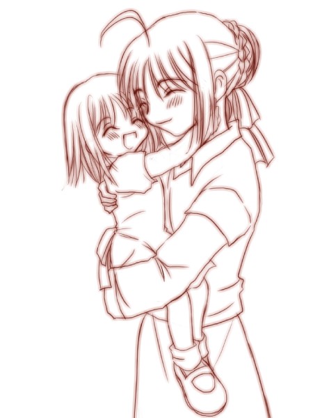 2girls, :d, ahoge, fate/stay_night, fate_(series), hair_bun, hug, kaze_tsuki