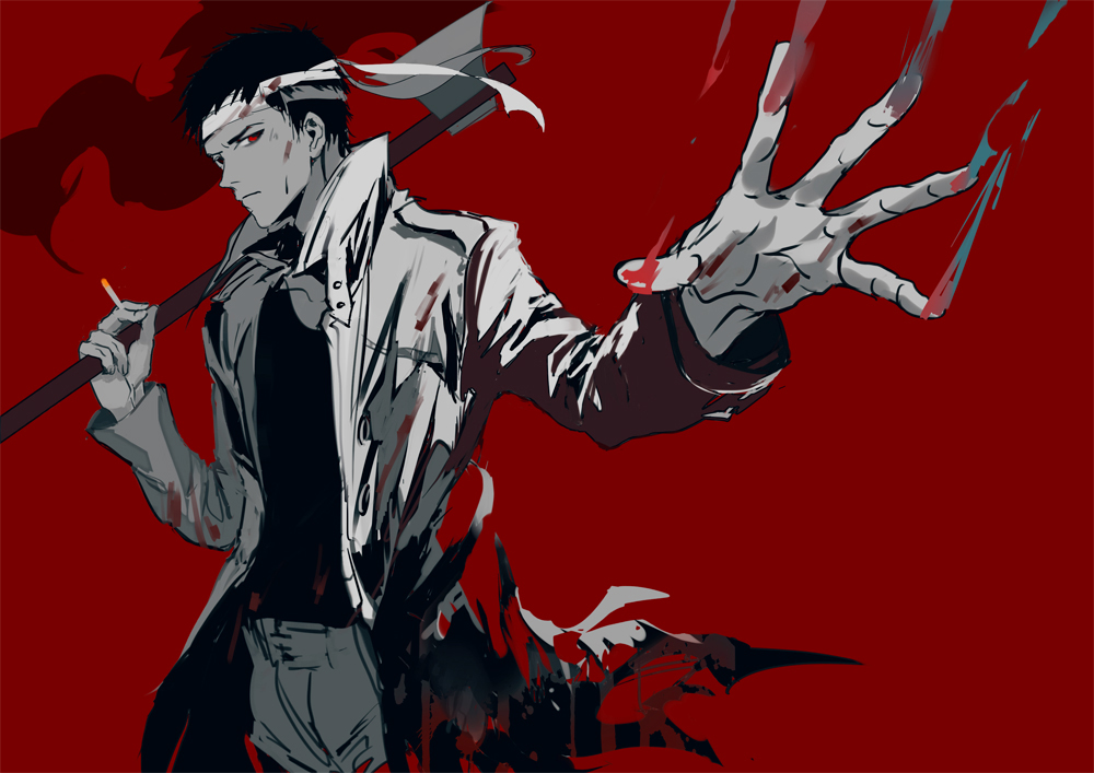 1boy, achyue, axe, bandaged_head, bandages, black_hair, blood, cigarette