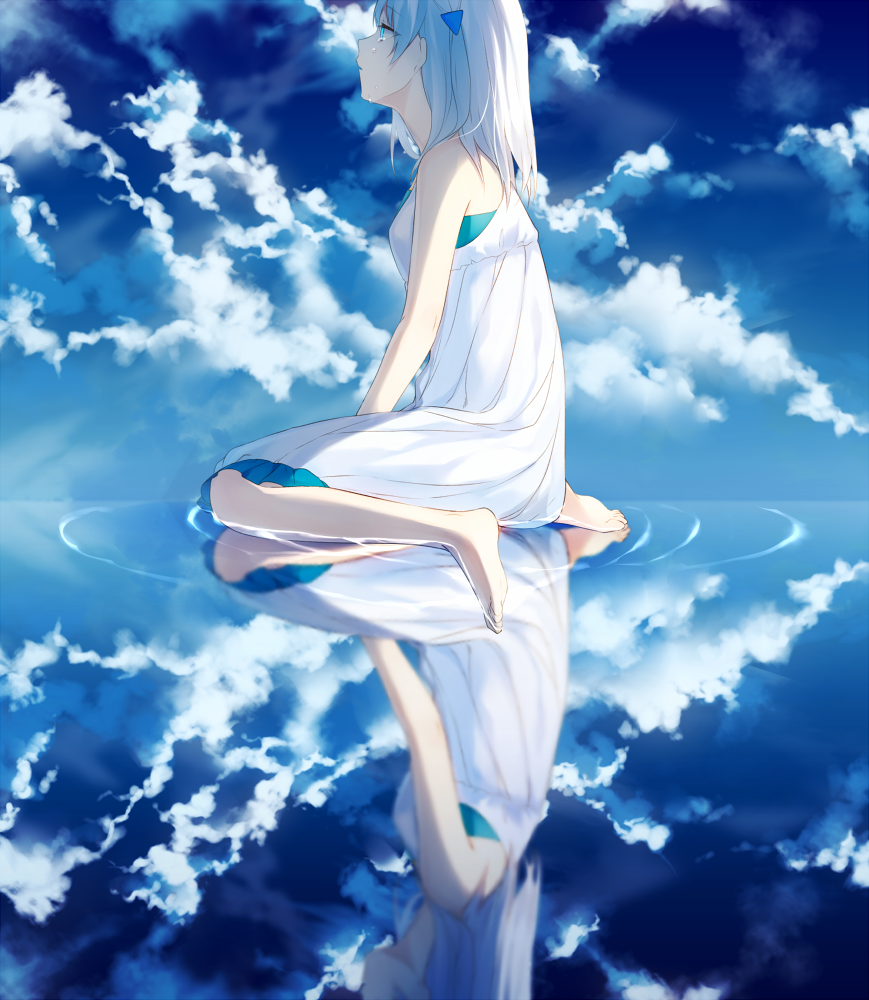 1girl, achiki, barefoot, blue_eyes, blue_sky, clouds, dress, hair_ornament