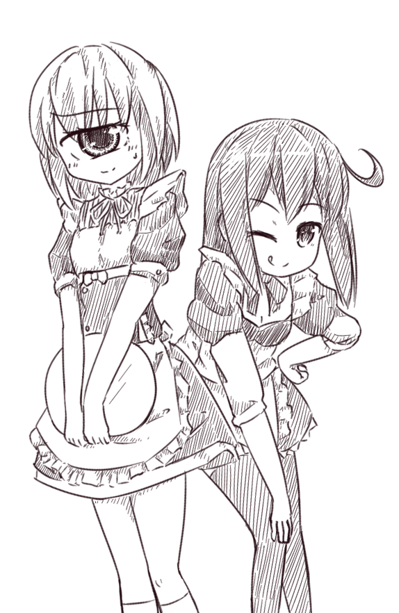 2girls, ;q, ahoge, alternate_costume, apron, cyclops, enmaided, frilled_apron, frills, greyscale, hand_on_hip, hand_on_own_knee, hitomebore, holding_tray, leaning_forward, looking_at_viewer, lynte, maid, monochrome, multiple_girls, one-eyed, one_eye_closed, puffy_short_sleeves, puffy_sleeves, short_hair, short_sleeves, simple_background, thigh-highs, tongue, tongue_out, tray, tsunemi_akemi, usui_sachi, v_arms, waist_apron, white_background, winking