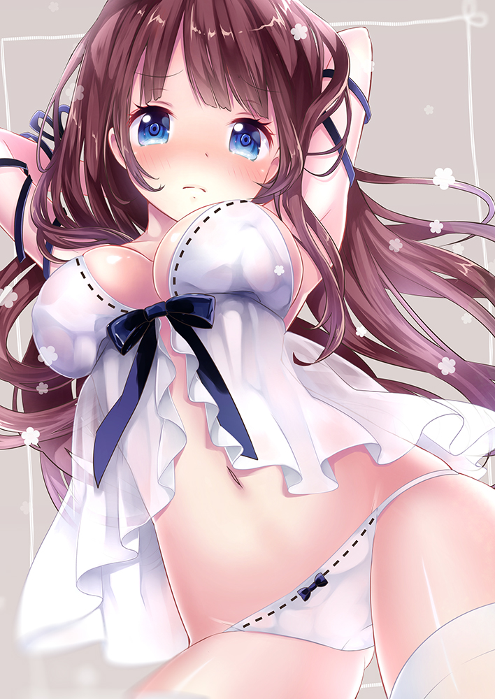 1girl, babydoll, blue_eyes, blush, breasts, brown_hair, camisole, cleavage