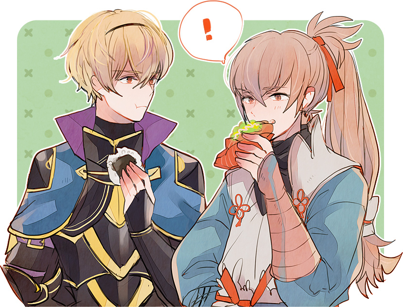 !, 2am2, 2boys, blonde_hair, eating, fire_emblem, fire_emblem_if, food, grey_hair, leon_(fire_emblem_if), long_hair, multiple_boys, onigiri, orange_eyes, ponytail, red_eyes, takumi_(fire_emblem_if)