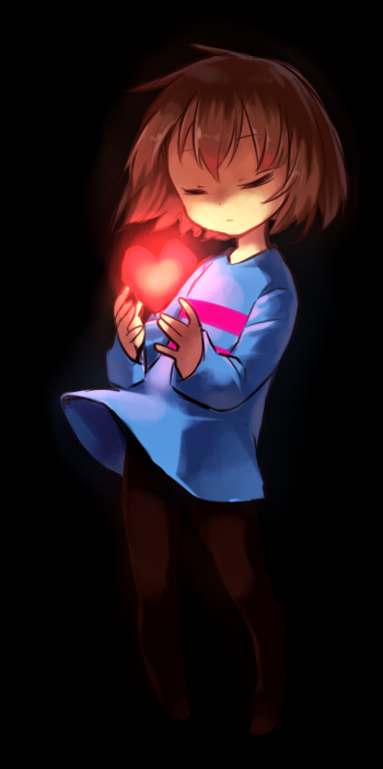 androgynous, black_background, brown_hair, closed_eyes, frisk_(undertale), full_body, glowing, heart