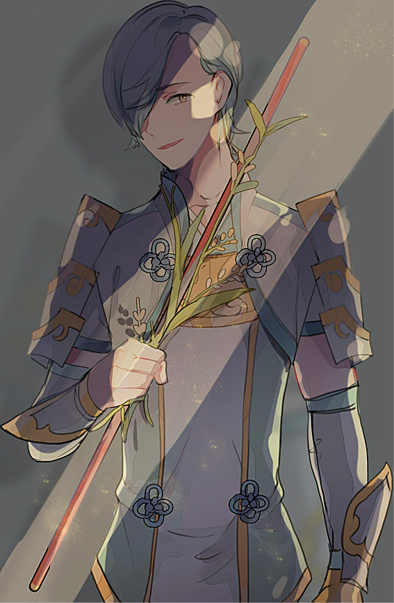 1boy, 2am2, blue_hair, fire_emblem, fire_emblem_if, grey_background, hair_over_one_eye, leaf