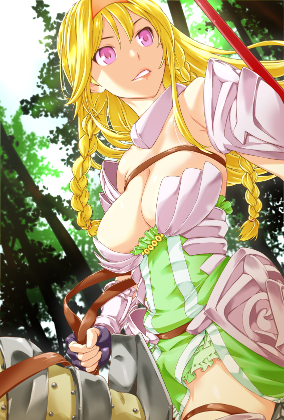1girl, armor, bare_shoulders, blonde_hair, braid, breasts, cleavage, dutch_angle, fingerless_gloves, gloves, green_clothes, headband, imazui_(sasachi), large_breasts, legband, long_hair, looking_afar, outdoors, parted_lips, reins, saddle, sennen_sensou_aigis, solo, tethys_(sennen_sensou_aigis), tree, violet_eyes
