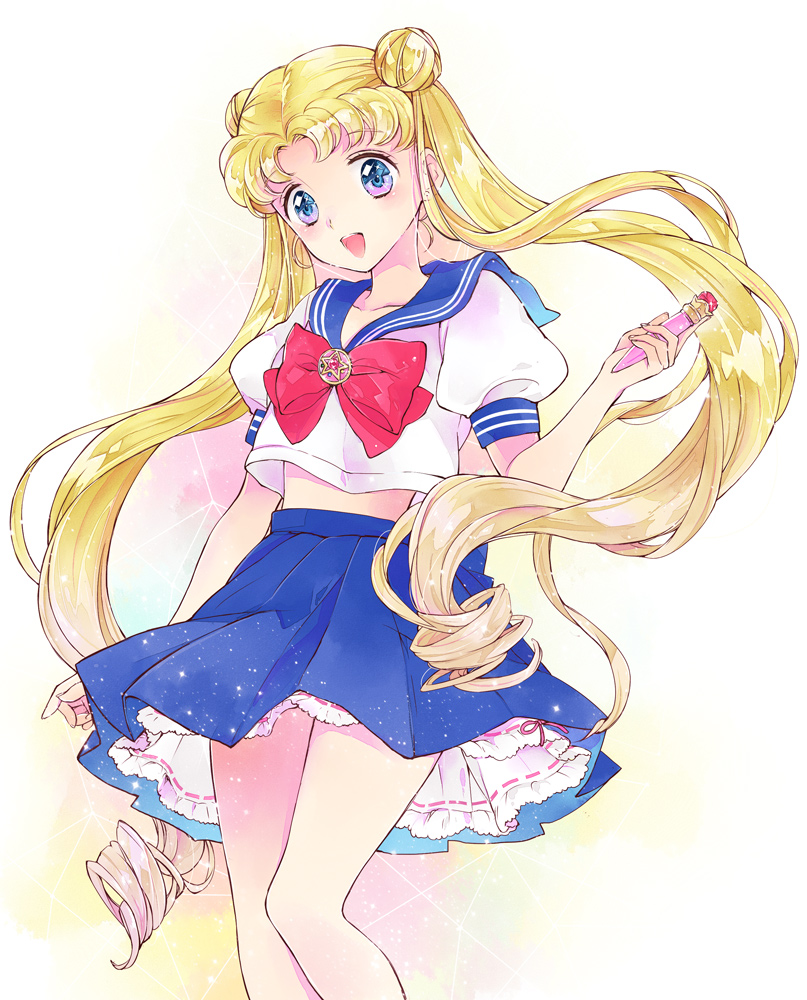1girl, bishoujo_senshi_sailor_moon, blonde_hair, blue_eyes, blue_skirt, bow, brooch, cowboy_shot