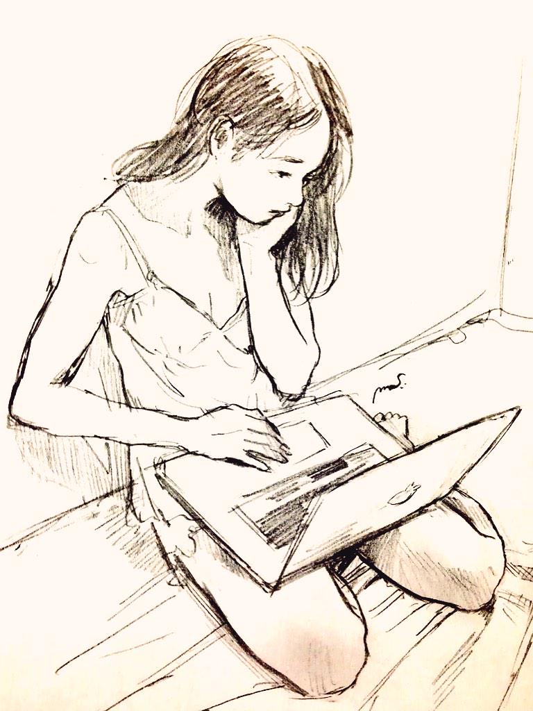 1girl, commentary, computer, hand_on_own_cheek, hand_on_own_face, laptop, long_sleeves, mognemu