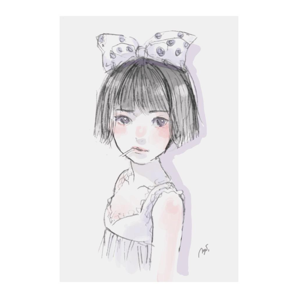 1girl, bangs, black_hair, blunt_bangs, blush, bow, child, collarbone, grey_background, hair_bow, lips, mognemu, nightgown, nose, polka_dot, polka_dot_bow, short_hair, simple_background, solo