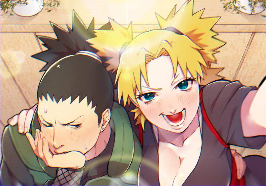 1boy, 1girl, arm_around_shoulder, black_hair, blonde_hair, blush, breasts, chromatic_aberration