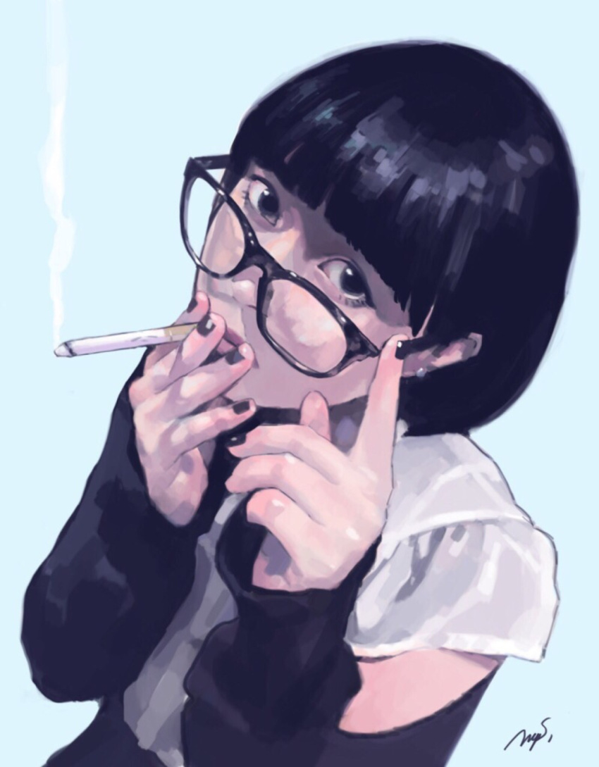 1girl, adjusting_glasses, bangs, black-framed_glasses, black_eyes, black_hair, black_nails, blue_background, blunt_bangs, cigarette, detached_sleeves, earrings, fingernails, glasses, highres, jewelry, mognemu, mouth, nail_polish, nose, simple_background, sleeves_past_wrists, smoke, smoking, solo