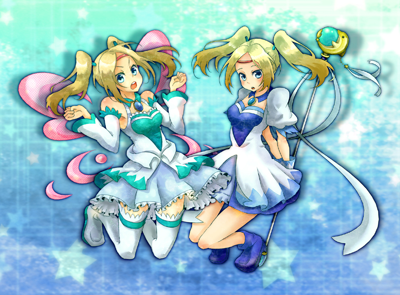 ameta_(pixiv598197), blonde_hair, blue_background, blue_dress, dress, fenimore, long_hair, magical_girl