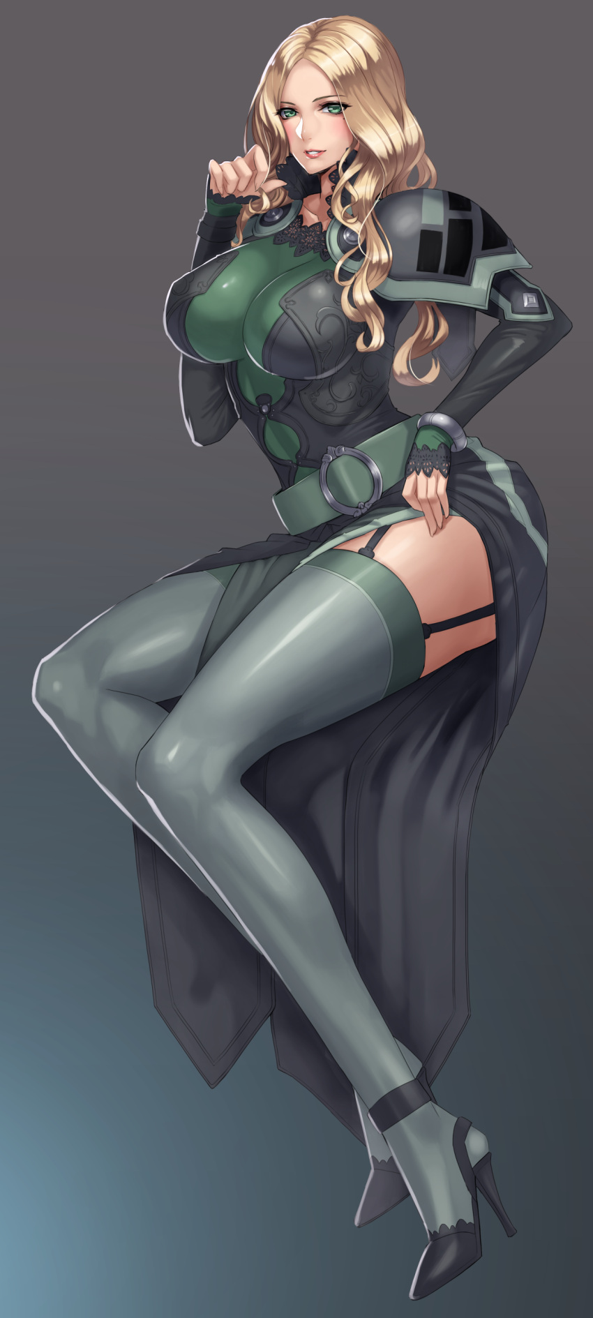 1girl, absurdres, belt, belt_buckle, beltskirt, blonde_hair, blush, border_break