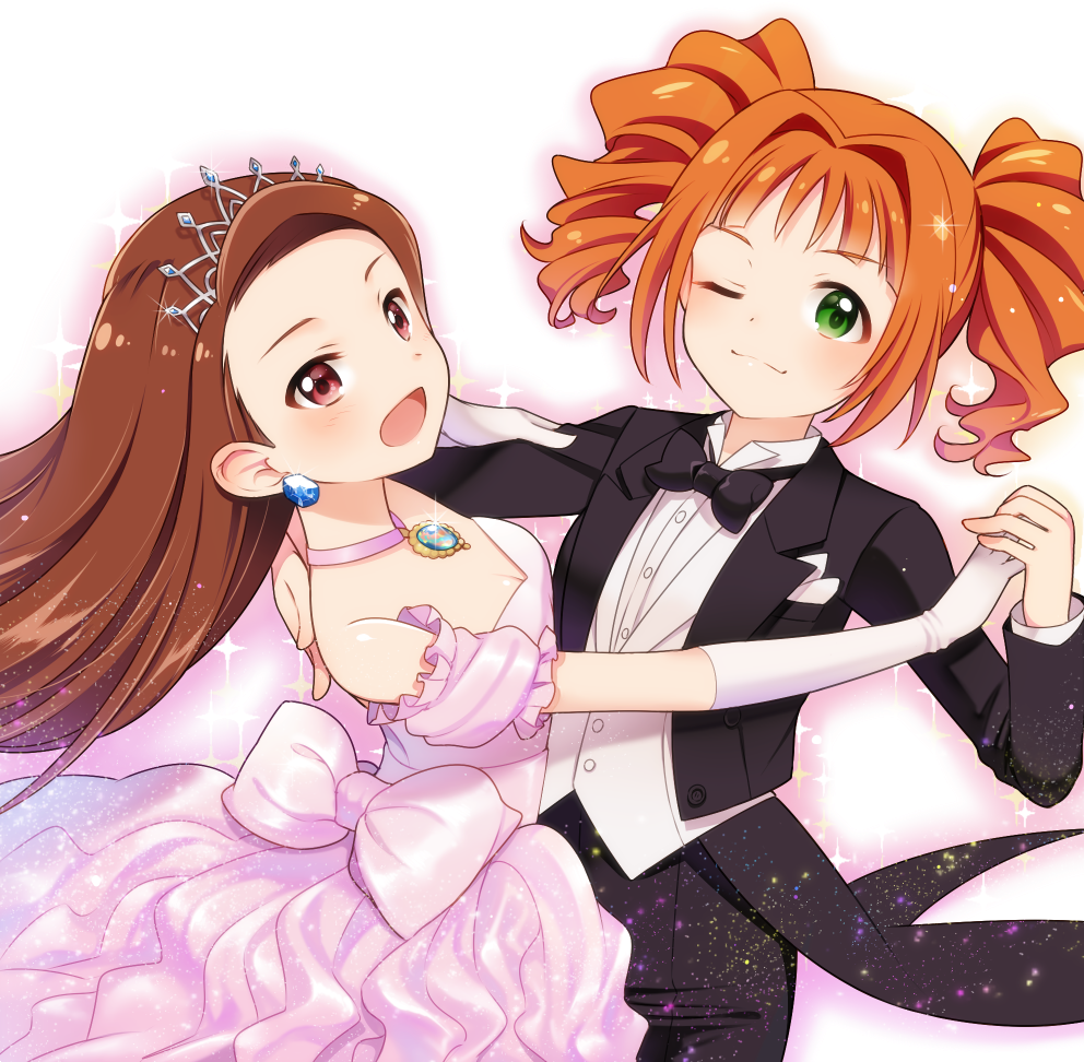 2girls, brown_hair, contact966, dancing, dress, earrings, elbow_gloves, gloves, green_eyes, idolmaster, jewelry, looking_at_viewer, minase_iori, multiple_girls, necklace, one_eye_closed, open_mouth, orange_hair, pink_dress, red_eyes, ribbon, strapless, strapless_dress, takatsuki_yayoi, tiara, tuxedo, twintails