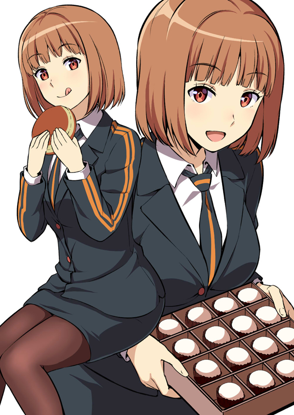 1girl, :d, :q, ayatsuji_haruka, bangs, black_jacket, black_skirt, blunt_bangs