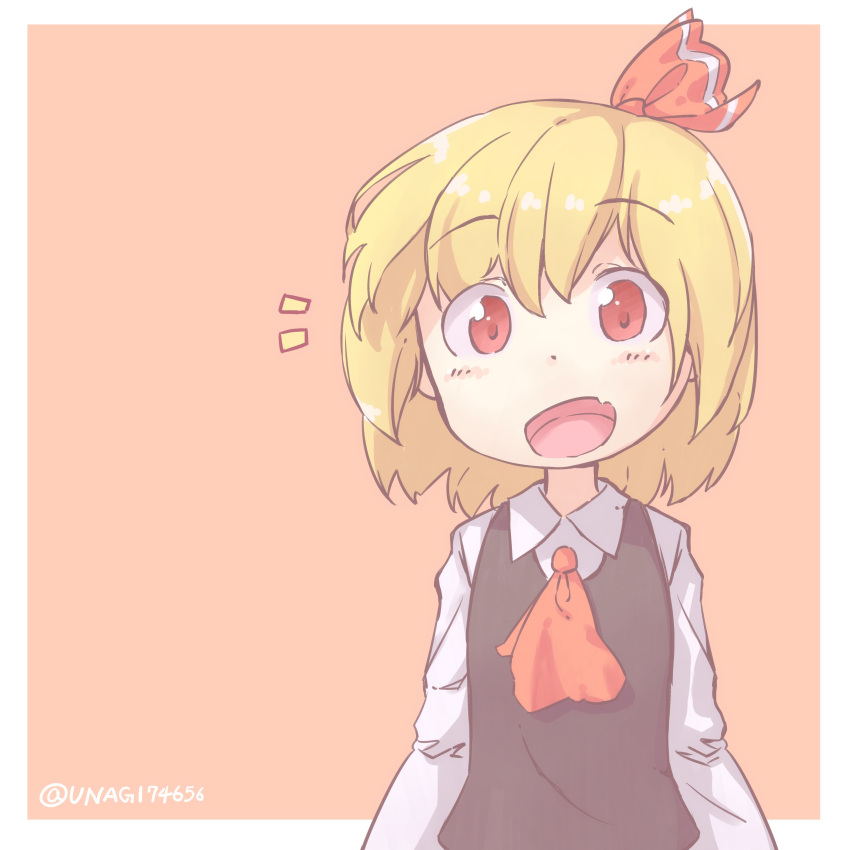 1girl, absurdres, ascot, blonde_hair, bow, fang, hair_bow, highres